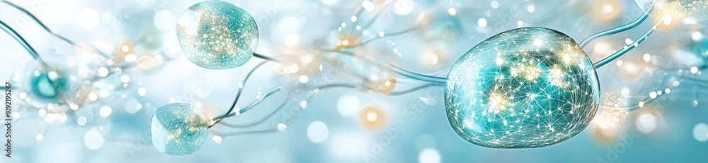 Poster Abstract representation of cells and neural connections in a soft, glowing environment.