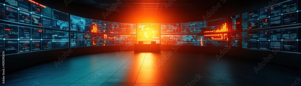 Poster a futuristic control room with large screens displaying data, illuminated by an orange glow, suggest