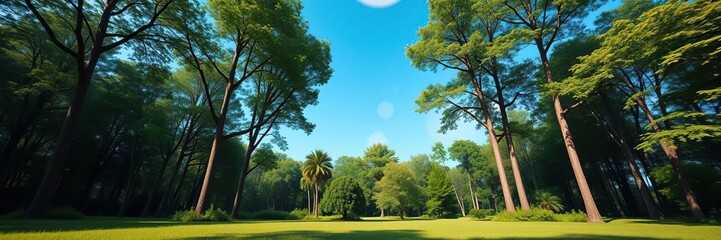 Obraz premium Soft sky blue background with delicate circular bokeh in the center of a serene landscape featuring tall trees and lush greenery, cloudy sky, abstract bokeh, calming colors