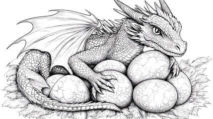 Adorable baby dragon guarding its eggs.