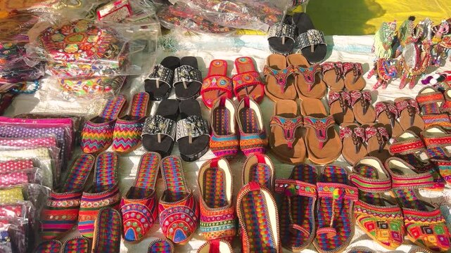 Mojri - Colourful Traditional Handcrafted Indian Sandals for Women | Kutchi Embroidery Leather Mojdi in Local market in Kutch, Gujarat