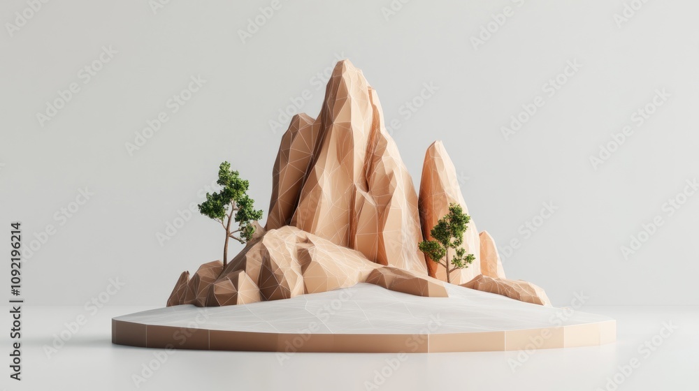Poster a stylized 3d model of mountains with geometric shapes and small trees on a flat base.