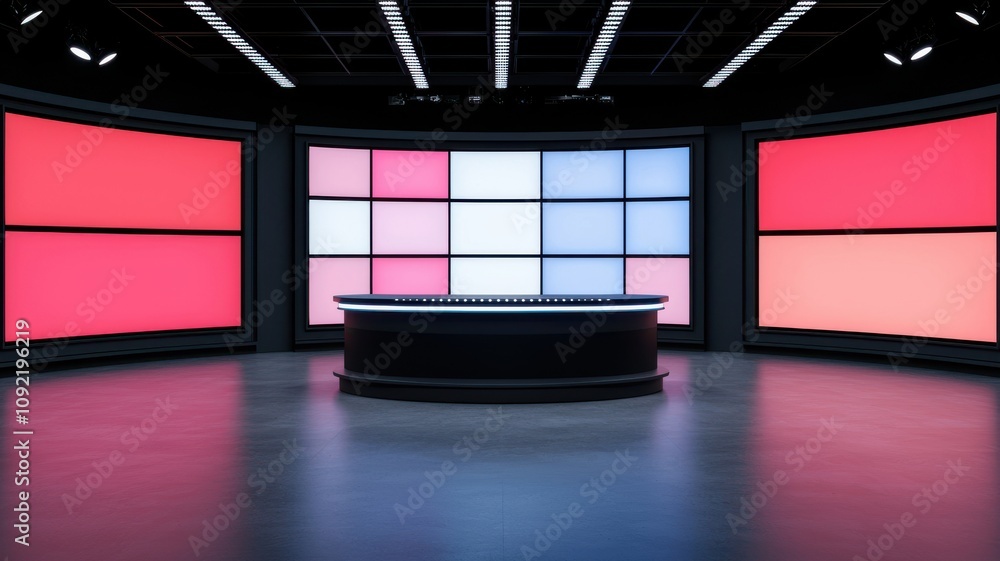 Poster a modern studio setup featuring a central podium, surrounded by large screens displaying vibrant red