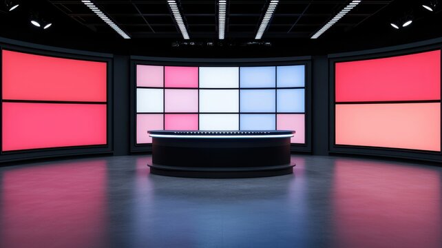 A modern studio setup featuring a central podium, surrounded by large screens displaying vibrant red and blue colors. - Powered by Adobe