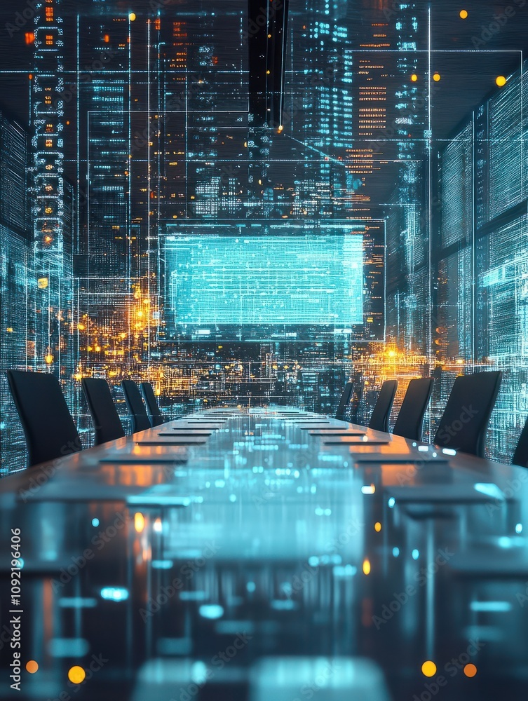Poster abstract conference room with block chain hologram. analytics concept. double exposure.