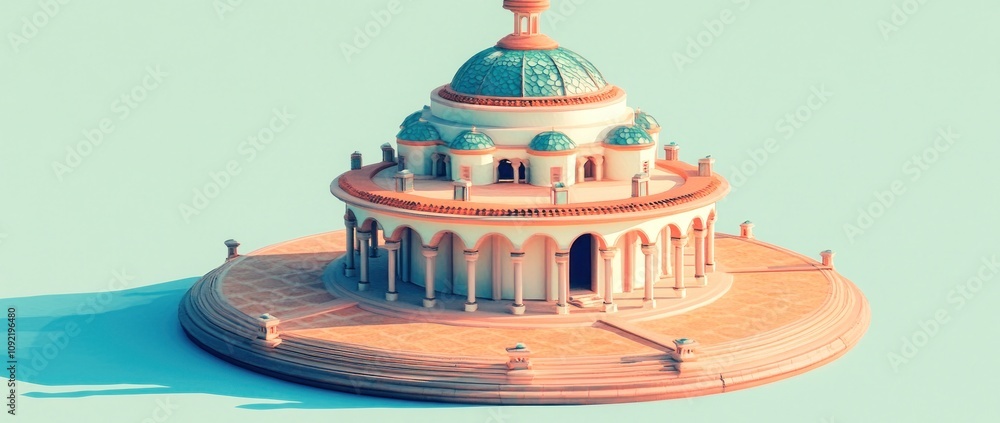 Poster A stylized architectural structure with a dome and columns on a circular base.