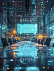 Fototapeta premium Abstract conference room with block chain hologram. Analytics concept. Double exposure.