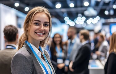 At a trade show, a young woman confidently interacts with colleagues, excited to enhance her communication and networking skills.