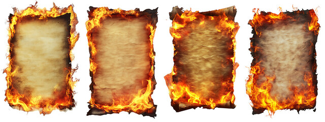 Set of burnt paper with a flaming border frame, isolated on a transparent background.