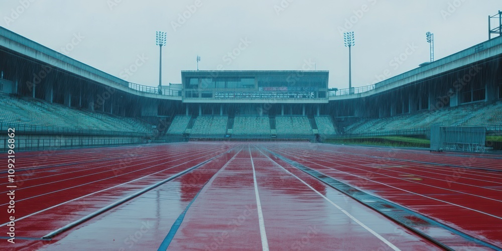 Poster a wet, empty athletic stadium with red running tracks and a cloudy sky.