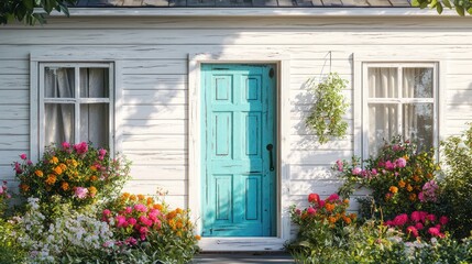 Vintage architecture: white wooden house with turquoise door and sunlit flowers.