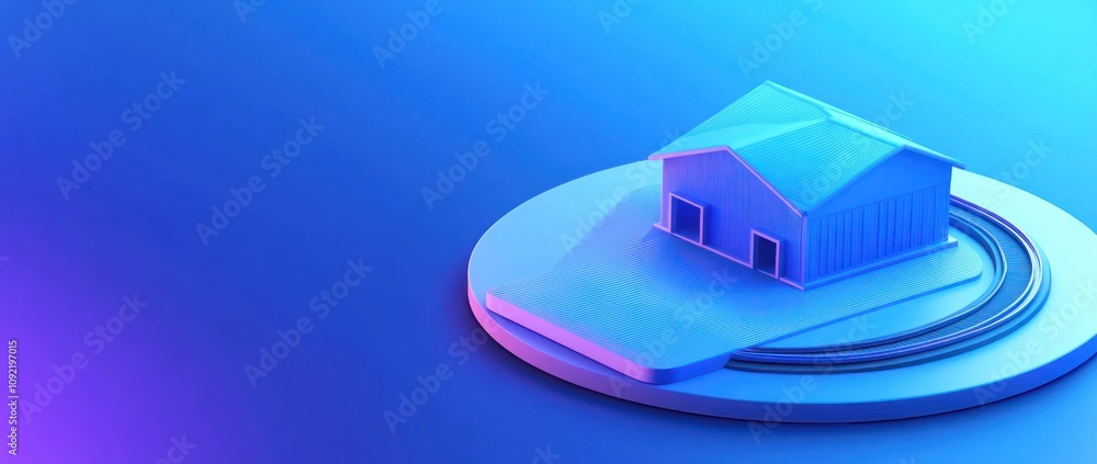 Aufkleber a stylized 3d model of a house on a circular base with a gradient background.