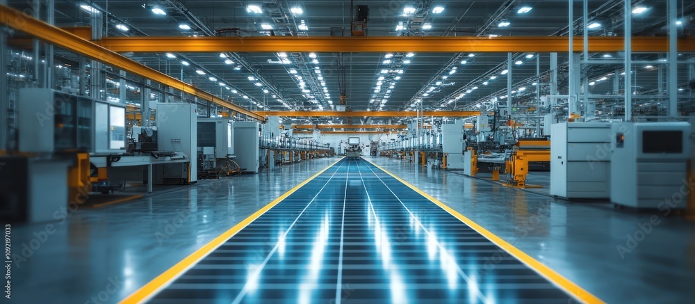 Poster A wide shot of an empty factory with an overhead crane and machinery on either side of a tiled walkway.