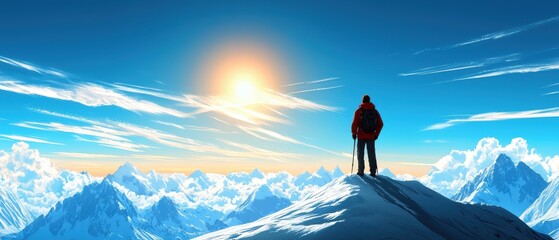 A lone climber stands atop a snow-covered peak, silhouetted against a vibrant sky, basking in the warmth of the rising sun amidst majestic mountains.