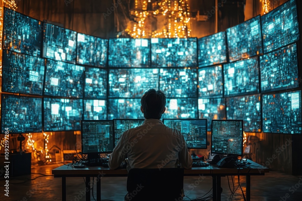 Poster cyber intrusion a hacker's quest to breach a secure computer system in a dimly lit tech lab