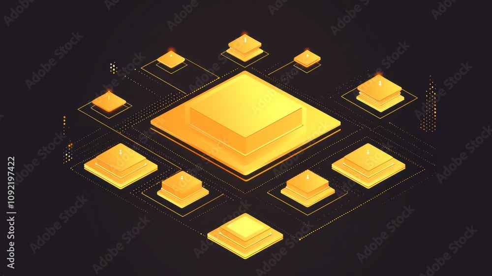 Poster a digital illustration of interconnected golden blocks, symbolizing technology and data flow.