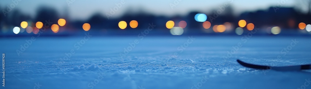 Poster a close-up of a hockey stick on an ice rink with blurred lights in the background.