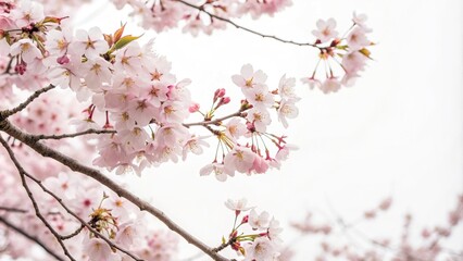 Fototapeta premium Pastel pink cherry blossom branches surround a minimalist white background, pink cherry blossom, blooming flowers
