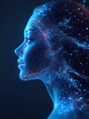 Fototapeta premium Abstract glowing digital profile on blue background. ID and digital transformation concept. 3D Rendering