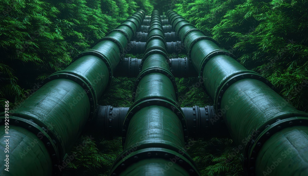 Poster a captivating view of green pipes running through lush greenery, creating a harmonious blend of indu