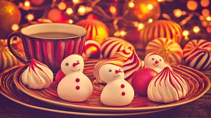 Cozy Festive Dessert Display: Snowman-Shaped Meringues and Coffee with Blurred Christmas Lights &ndash; Perfect as a Poster for Your Holiday Decor