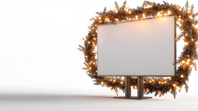 A close-up of a Christmas billboard wrapped in vibrant lights, surrounded by festive wreaths, blank area for New Year ads, hyperrealistic, isolated on white background
