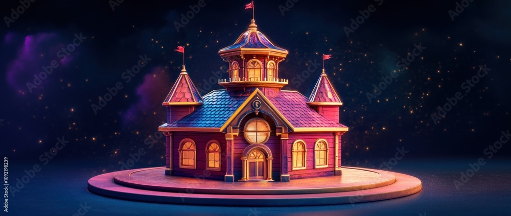Poster a colorful, whimsical building resembling a fairytale castle with flags and a circular base.