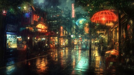 Rain-soaked cyberpunk street scene futuristic city gigapixel art urban nightlife high fidelity imagery