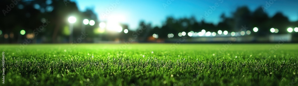 Poster a close-up view of a well-maintained grass field under evening lights.