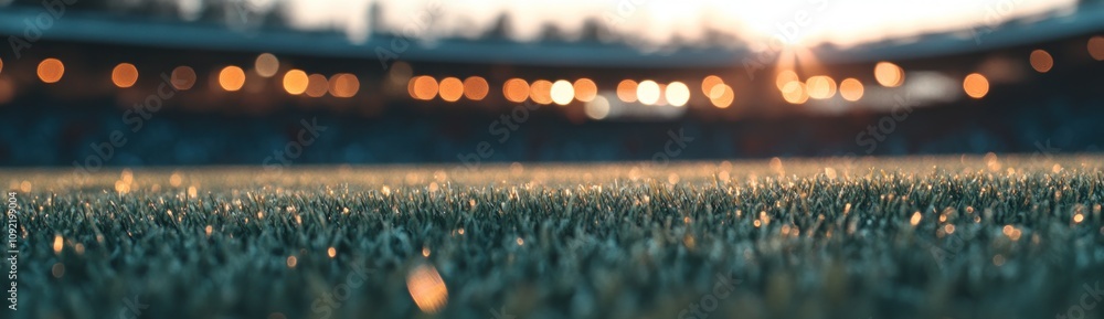 Poster close-up of a grassy field in a stadium during sunset, creating an atmospheric sports scene.