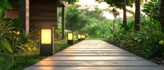 Obraz premium A serene pathway illuminated by soft lights, surrounded by lush greenery, creating a tranquil outdoor ambiance.