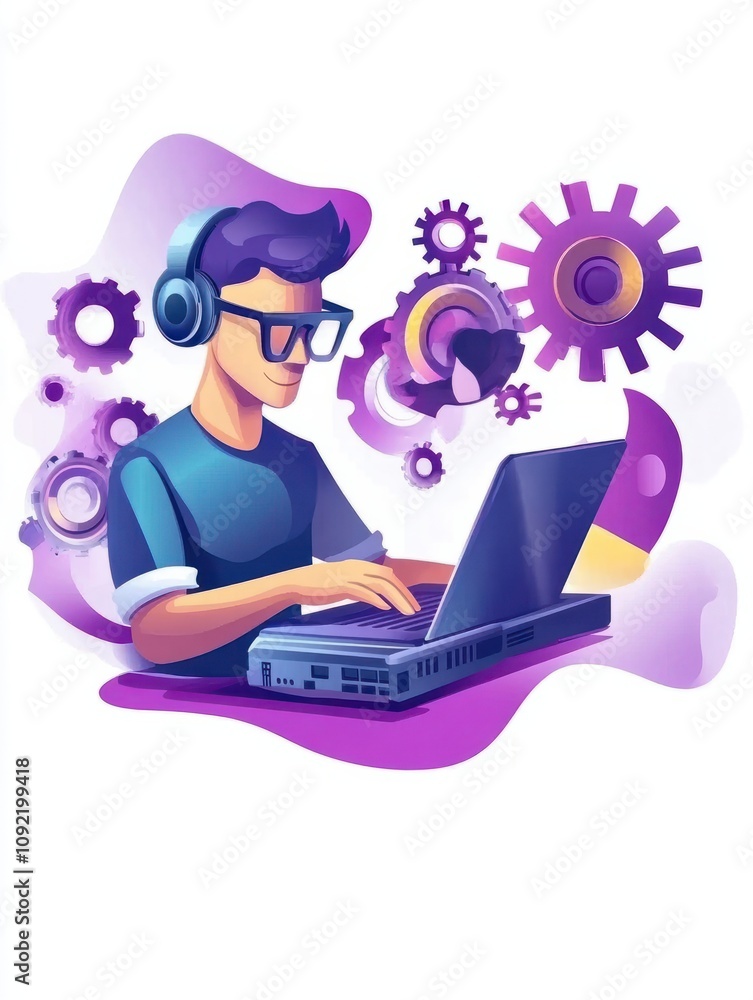Poster analyst working at laptop with automation process. business process automation, business process wor