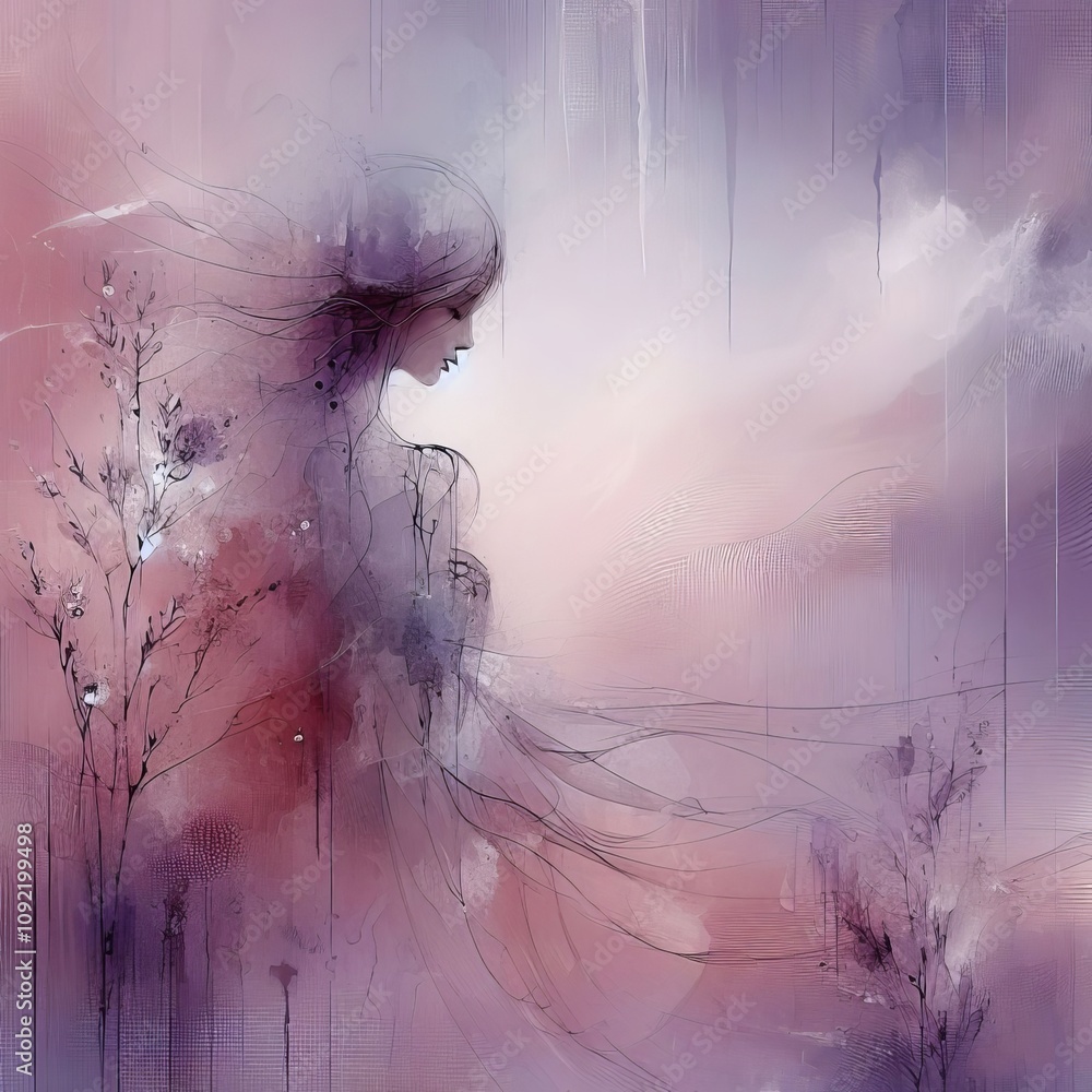 Poster wistful transparent brushstrokes of mauve hover as if lost in th