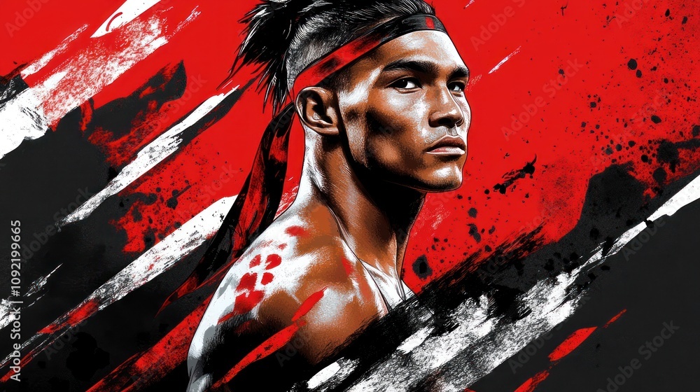 Poster a dynamic illustration of a muscular figure with a fierce expression against a vibrant background.