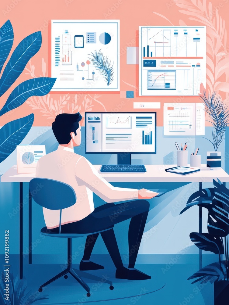 Poster analyst working at laptop with automation process. business process automation, business process wor