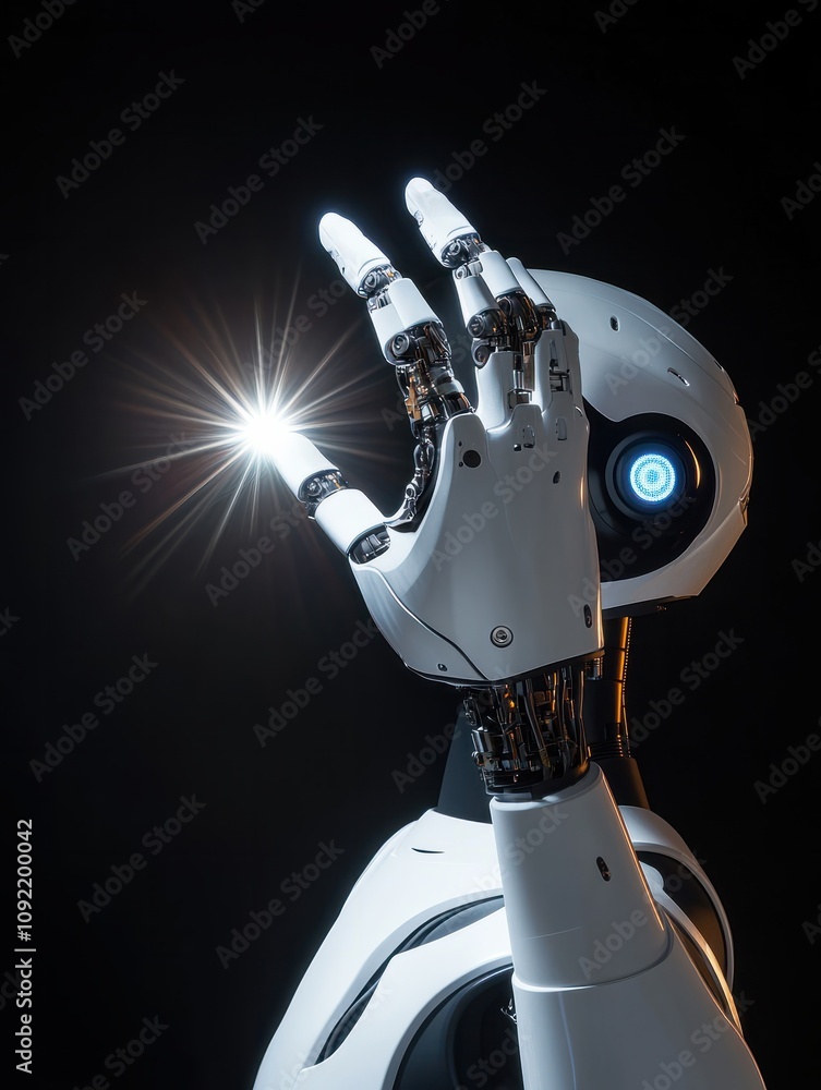 Poster artificial intelligence, future technology and business concept - robot and human hand with flash li