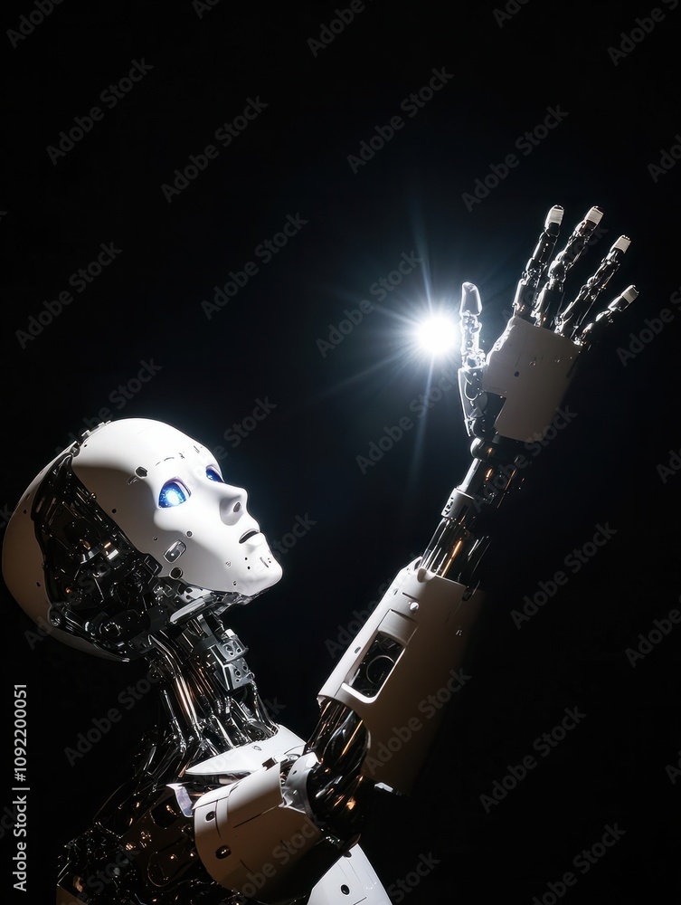 Poster artificial intelligence, future technology and business concept - robot and human hand with flash li