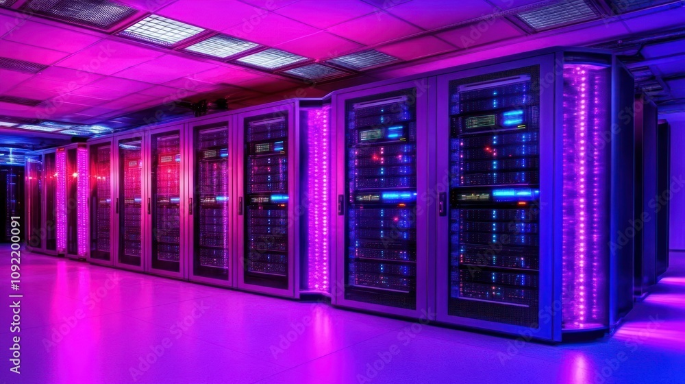Poster illuminated server room with modern data storage systems