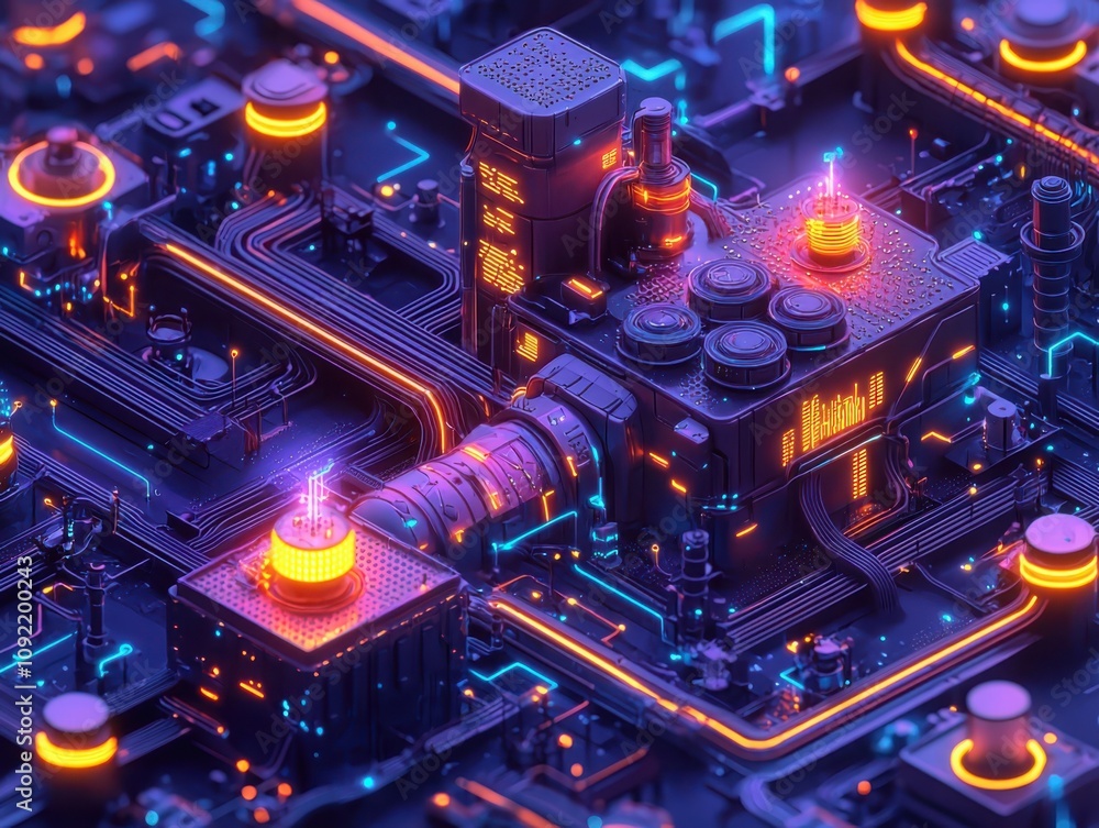 Poster visualizing a smart factory's data flow digital environment technology perspective innovative concep