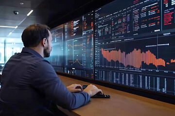 Fototapeta premium A finance professional analyzes market data on multiple screens. Stock market trading, financial analysis, data visualization, and investment strategy concepts are depicted.
