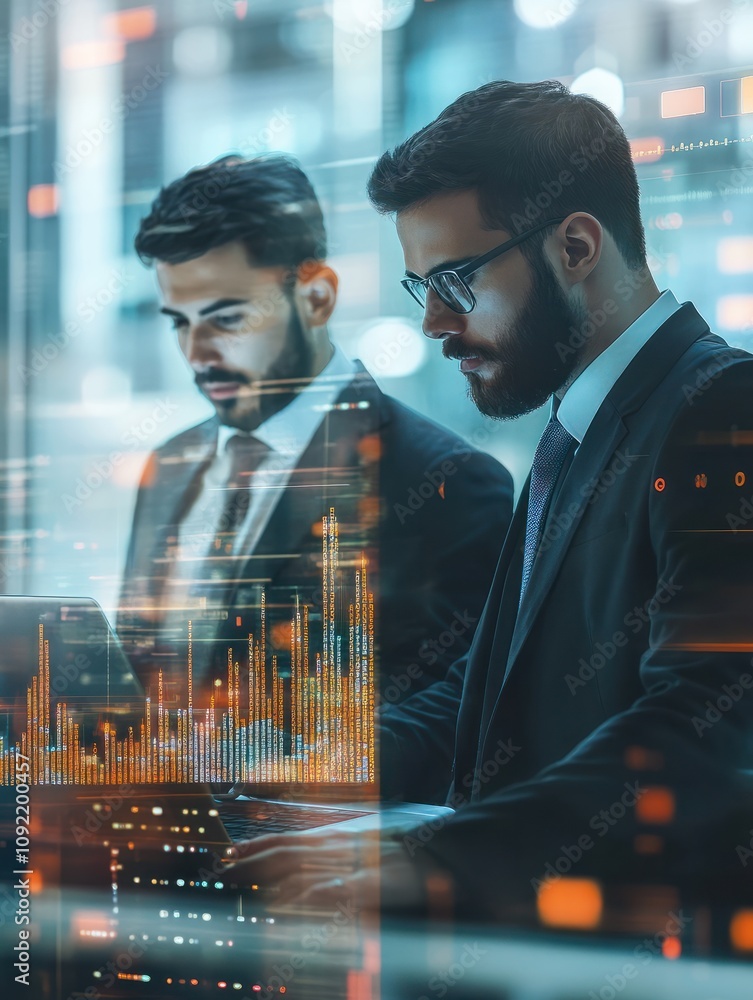 Poster attractive european businessmen using laptop with abstract creative business charts and binary code 