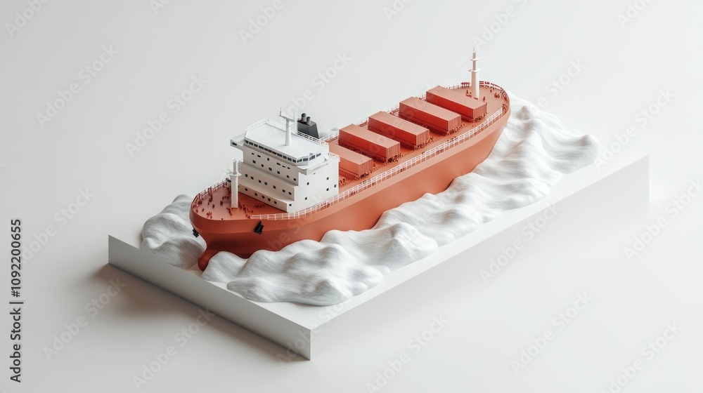 Poster a 3d model of a cargo ship navigating through stylized waves.