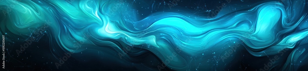 Poster abstract swirling blue and teal patterns on a dark background, evoking a sense of fluidity.