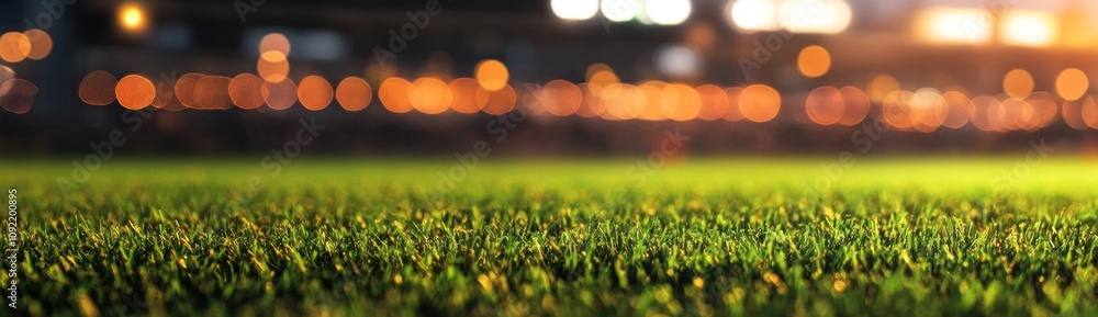 Poster a close-up view of lush green grass with blurred lights in the background, evoking a lively atmosphe