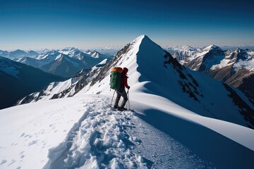 Backpacking Traveler on Snowy Mountain Summit Silhouette