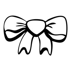 A hand-drawn black-and-white illustration of a decorative bow with elegant loops and ribbons, perfect for gifts, celebrations, and festive decorations.