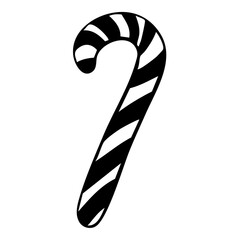 striped candy cane, a classic Christmas and holiday symbol. It has a curved top and alternating black-and-white stripes in a simple style.