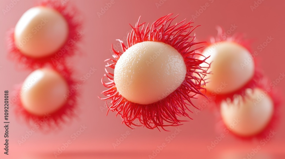 Poster Abstract representation of cells with red filaments on a soft pink background.