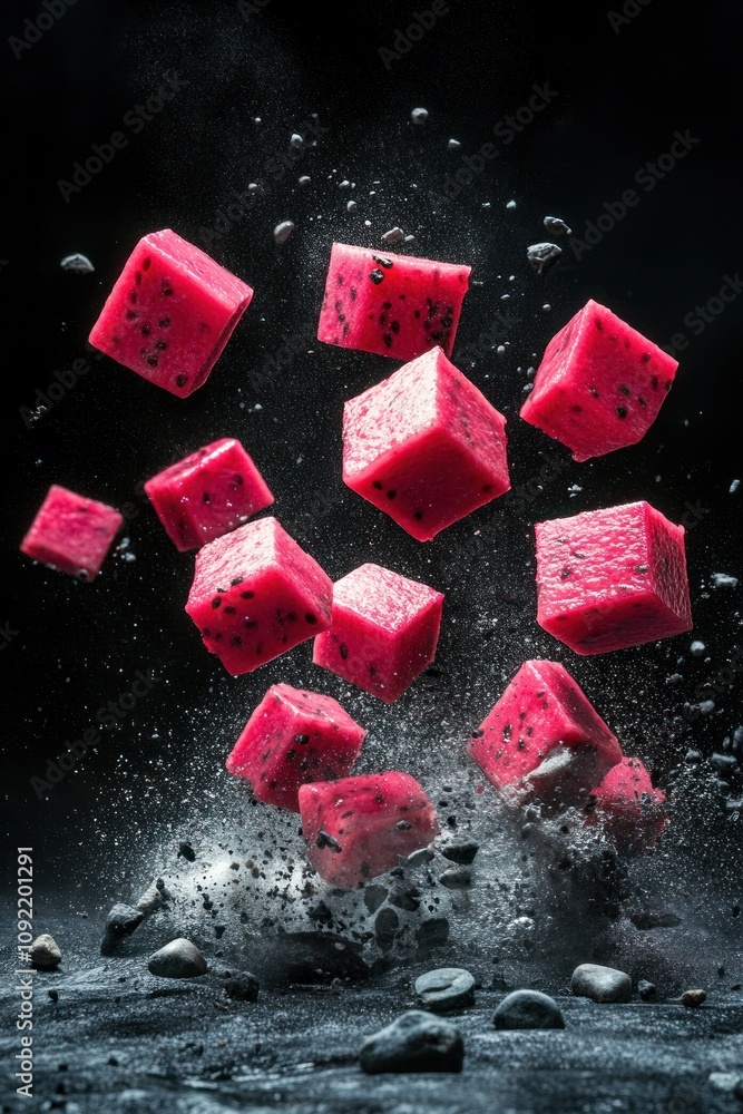 Poster a dynamic display of watermelon cubes suspended in mid-air, creating a striking visual effect.