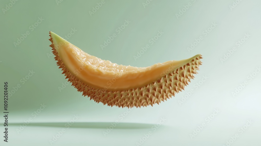 Poster a floating slice of spiky fruit against a soft background.